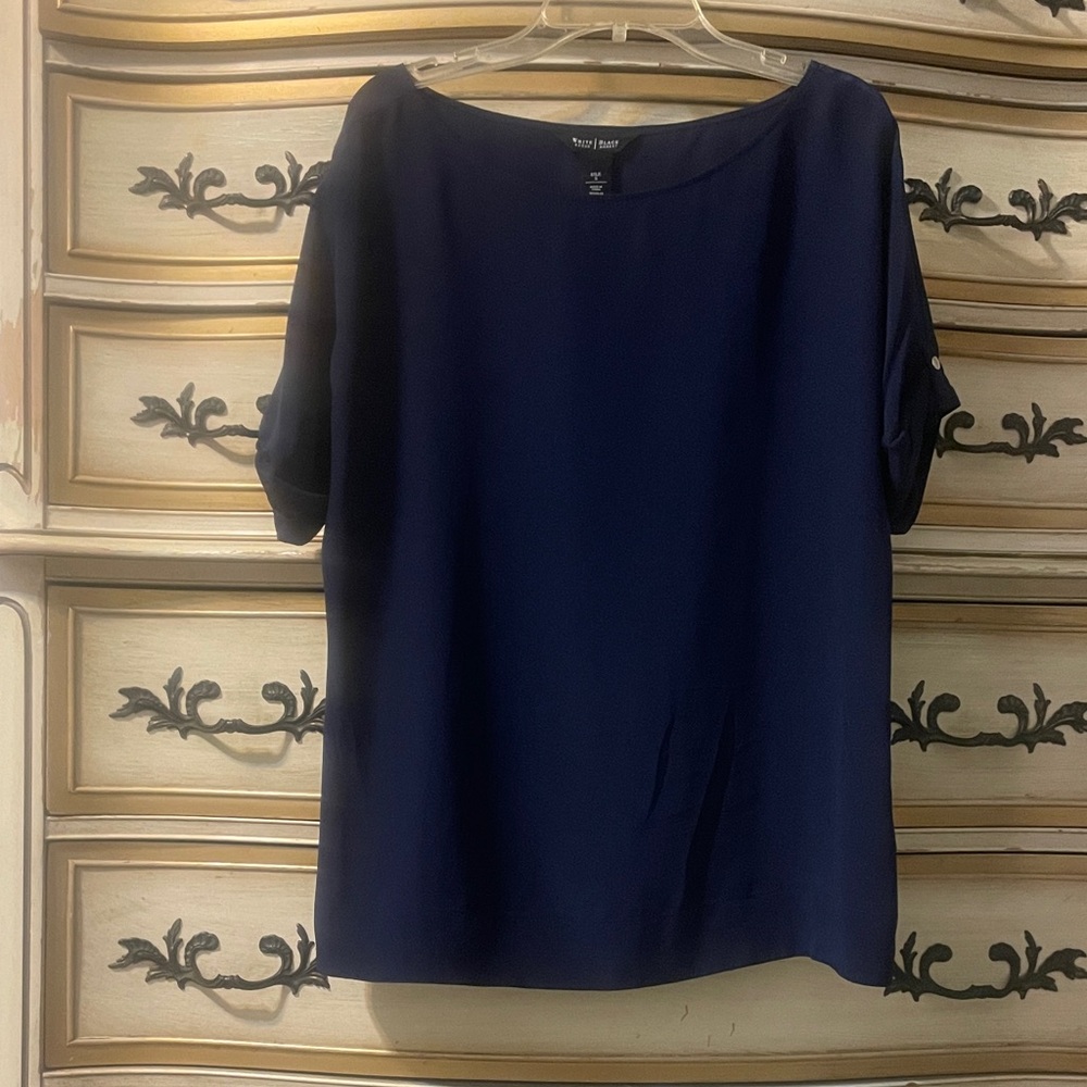White House Black Market Navy Short-Sleeve Silk Blouse size S